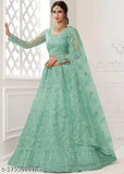 Embroidered net lehenga set for women, free size with 44 inch waist and length, Indian embroidered fashion
