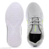 Grey knit athletic running shoe with non-slip soles