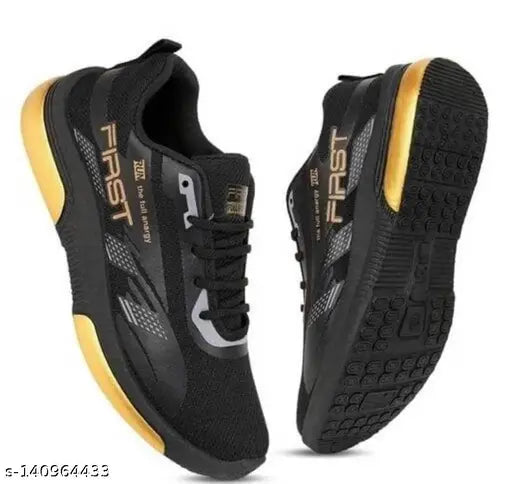 Yellow and black sports shoes with 'FIRST' logo on the side