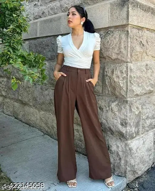 Women's brown high-rise polyester blend trousers