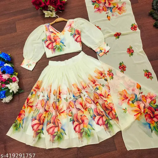 Embellished georgette lehenga choli for kids in paisley pattern, short sleeves and nylon dupatta. Indian-made kids fashion accessory