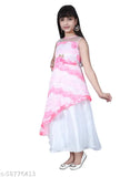 Pink net sleeveless festive gown dress for girls by Errish Kids, woven design on display