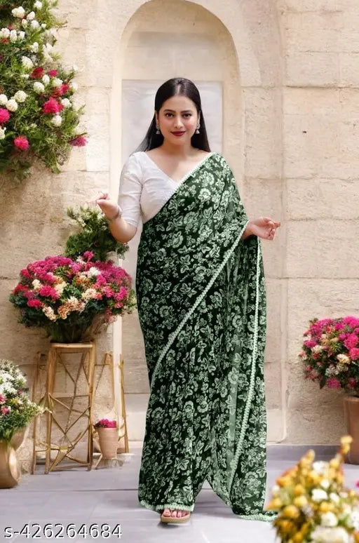 Women's green floral print georgette saree
