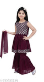 Georgette embroidery sequin work ethnic kurta set with sharara for baby girls, knee-length anarkali top with sleeveless design and included dupatta