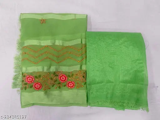 Embroidered chiffon saree with satin patta and jari weaving, Indian women's festival season wear in free size (5.5m saree length, 0.8m blouse length)