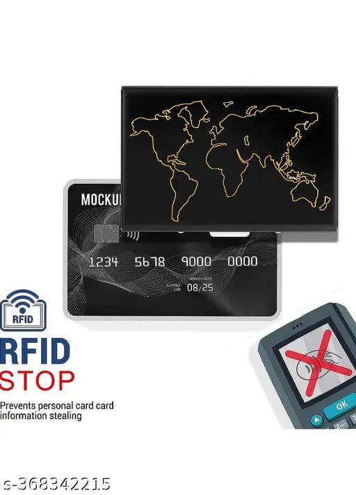 World Map Black 5-compartment Metal RFID-blocking card holder, ideal for men and women travelers and commuters