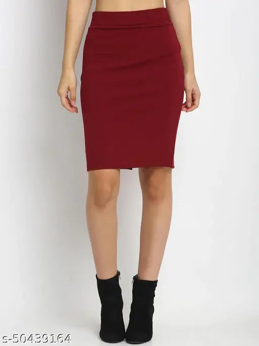 Women's western style skirt in dark red material, mid-thigh length with black zipper detail