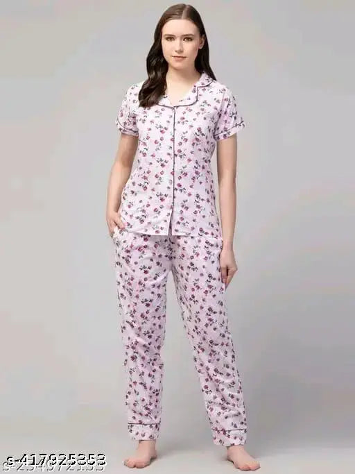 Cotton printed women's night suit shirt and pyjama set, short sleeves, vibrant design