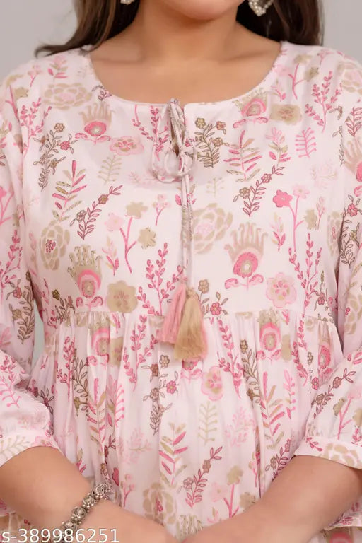 Pink rayon gown, Fashion Zest brand, three-quarter sleeves, printed combo, women's fashionable wedding & party attire