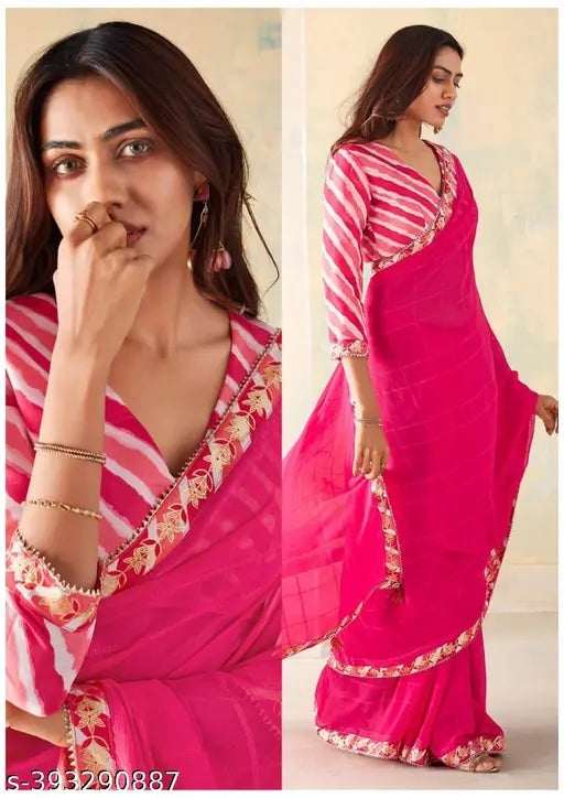 Pink party wear saree with lace border
