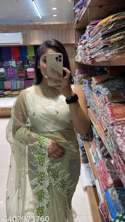 Heavy Super Net Fabric Saree with Dupion Silk Blouse - Solid design, intricate embroidery, Indian traditional party wear