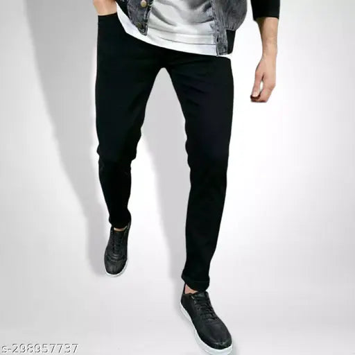 Stylish black jeans, men's slim fit stretchable drill fabric, machine washable, mid rise, jet black