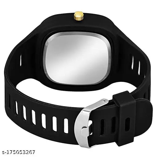 Square analog watch with silicone strap, black face, silver numbers