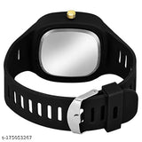 Square analog watch with silicone strap, black face, silver numbers