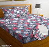 Glace cotton, fitted grey double bedsheet with floral pattern & 2 pillow covers for summer, ideal for adults (fits up to 78x72 inches/198x182 cm)