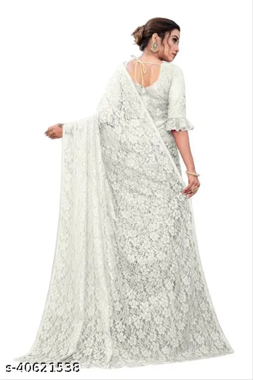 White net Rasal saree with self-design pattern, single carryox present, free size (5.5m x 0.8m), Indian origin