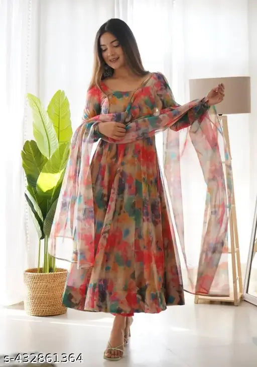 Organza tabby silk printed net long-sleeved gown with dupatta, XXL size for party wear, India origin