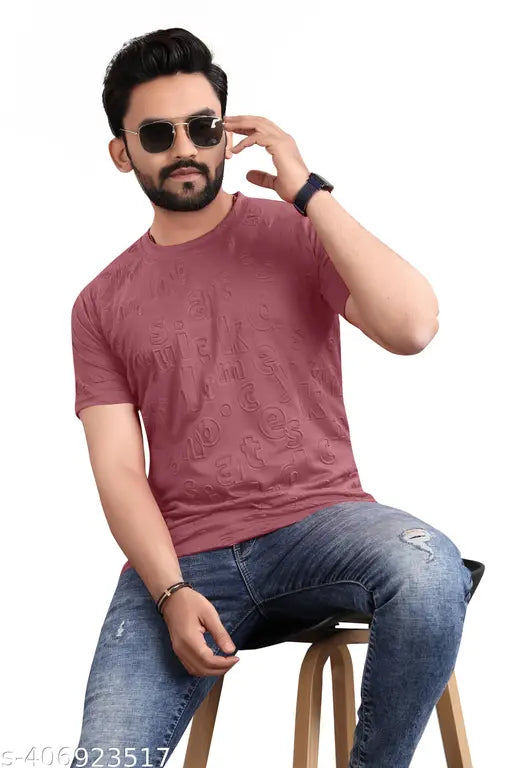 Men's regular fit cotton blend casual t-shirt, short sleeves with printed pattern. White t-shirt on hanger, India origin
