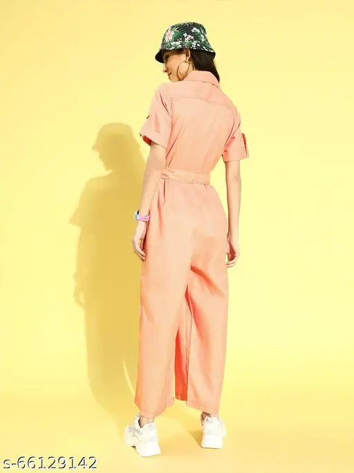 Orange polyester basic jumpsuit, short sleeves, solid pattern, belted - Style Quotient S or M or L on model