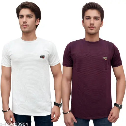 WhiteWine Cotton-Blend T-Shirt Pack of 2 - Round Neck, Regular Fit, Double Stitching, Short Sleeves, Solid Color, Made in India