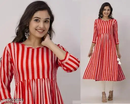Red striped A line printed rayon kurti with three-quarter sleeves, Indian festive and party wear