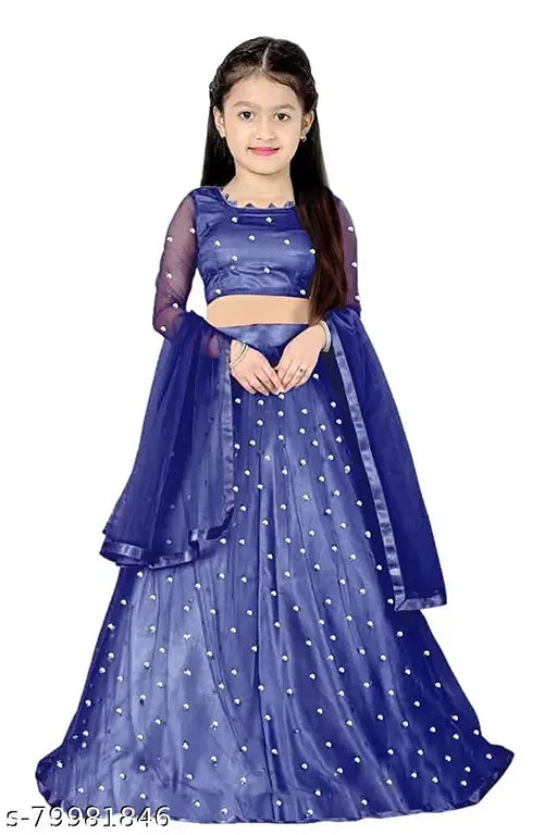 Pink embroidered net Lehenga, Choli and Dupatta set for girls, 3/4 sleeve, Indian ethnic wear party attire