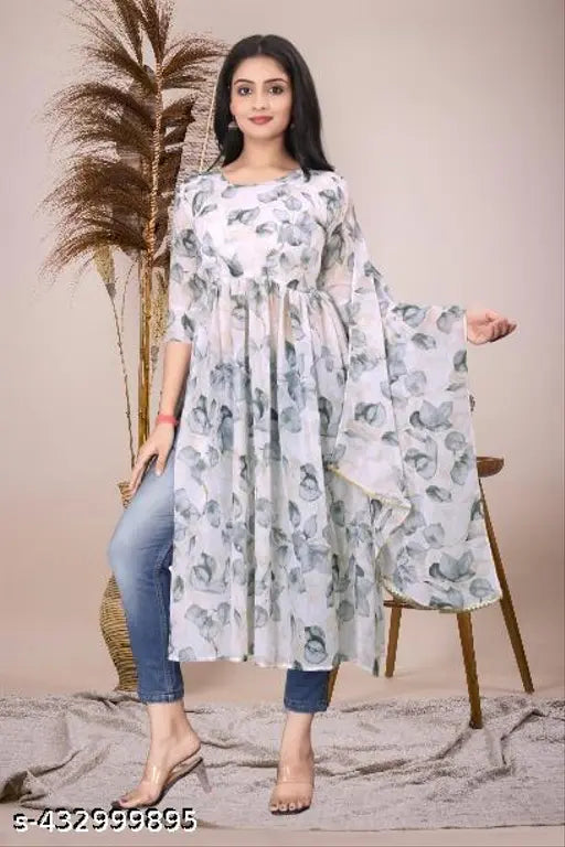 Trendy Georgette Anarkali Gown, printed combo, S-XXL sizes. Beautiful digital print, three-quarter sleeves, India origin