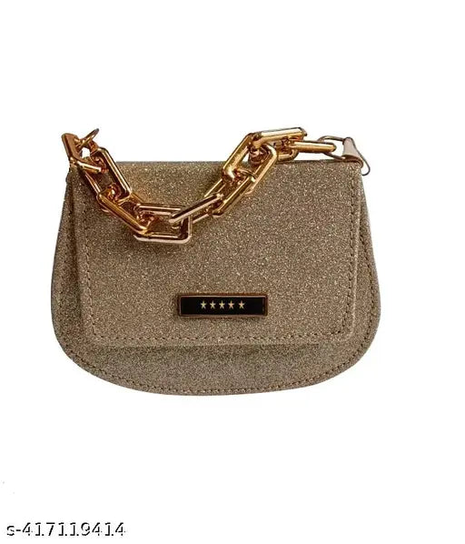 Small golden clutch handbag with glittery gold lock, 6 card slots