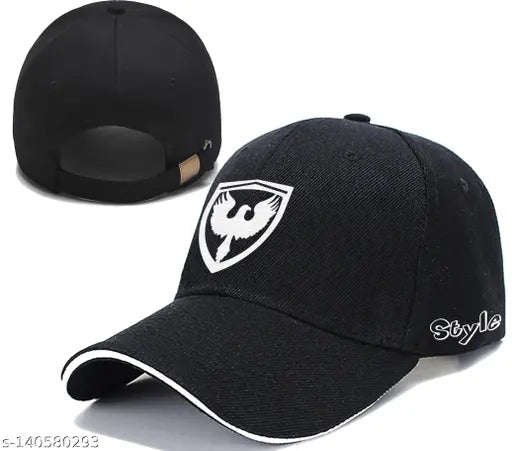 Black cotton baseball cap with white embroidered eagle and lettering