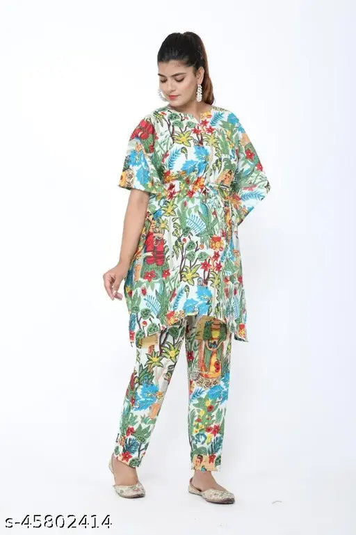 100% pure cotton Jaipur export kaftan & pant co-ord set, comfortable casual nightwear for home or outing in M to Xxxl adjustable sizes