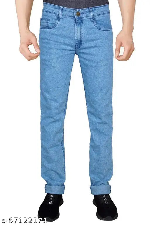 Just black men's straight light blue jeans, cotton, solid pattern, regular fit stretchable jeans for size 28/30/32/34 (LIGHTBLUE), India origin