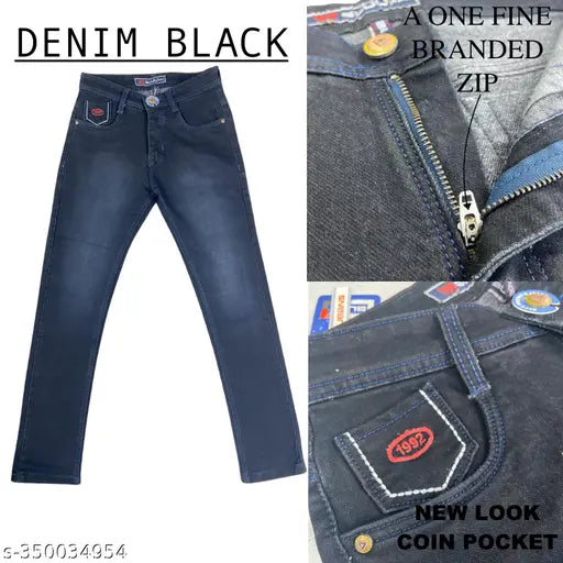 Black denim stretchable comfortable jeans, stylish slim fit mid-rise for men's wardrobe
