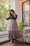 Purple paisley printed chiffon women's gown with elbow length sleeves