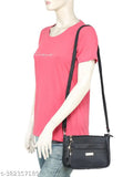 Glossy women's sling bag, black strap, 5 zip compartments