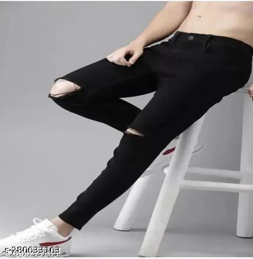 Men's Black Denim Slashed Jeans, high-quality stretchable fit, full length, size 28, 30, 32