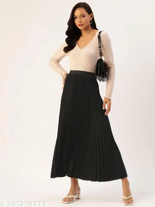 Black pleated midi skirt with high waist and faux leather trim