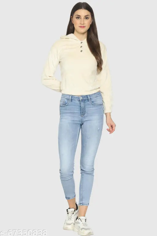 White wool long sleeve hooded neck sweatshirt, solid pattern, women's three-quarter sleeves, XS (32in bust, 26in length), winter wardrobe essential