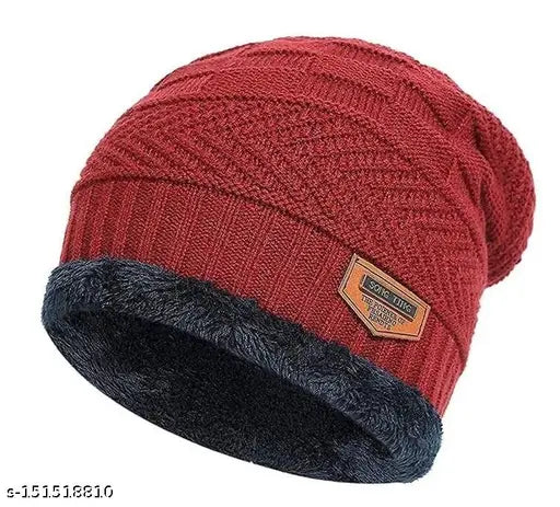 Woolen winter cap, maroon and black with label detailing material
