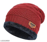Woolen winter cap, maroon and black with label detailing material
