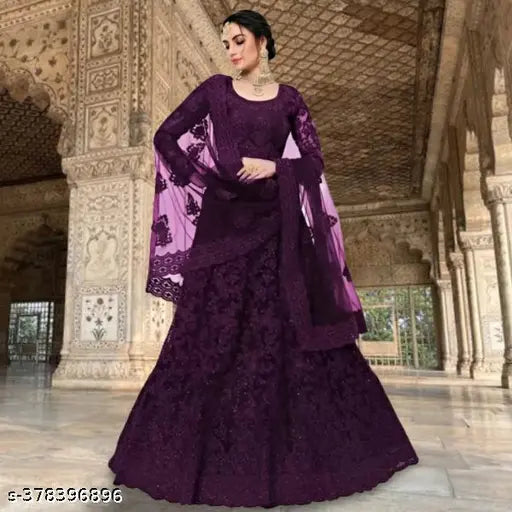 New fashion net semi-stitched lehenga choli & dupatta set, embroidered Indian bridal wear