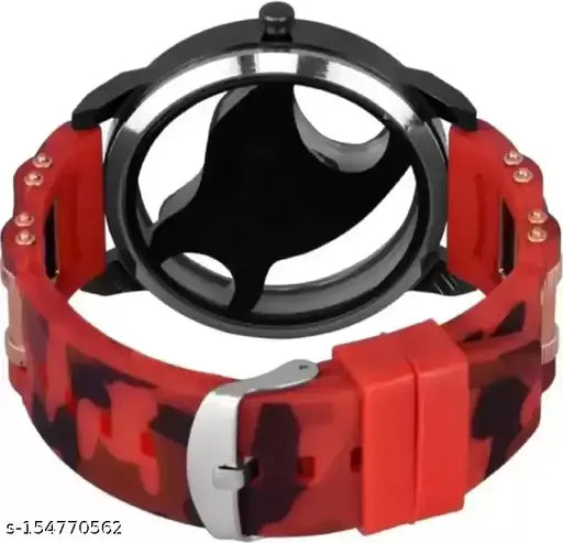 Red sports watch with black strap and red face, featuring a date window and three smaller subdials
