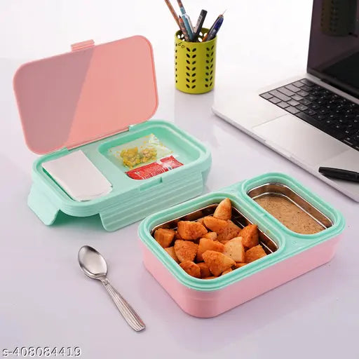 Nabhya 2 Compartment Stainless Steel Lunch Box for School with Steel Spoon 2 Containers Lunch Box (600 ml)