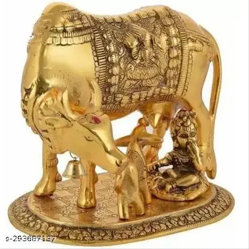 Brass Kamdhenu Cow with Calf and Nandi, antique gold plated, traditional Indian decorative showpiece - 16 cm (Brass)
