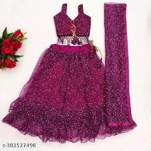 Stitched net embellished lehenga choli with blok print, available in sizes from 6-12 months to 10 years, Indian handcrafted traditional wear