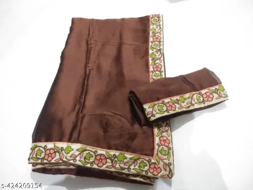 Brown silk blend embroidered pochu style saree with running blouse and animal design cap, suitable for party wear, festival wear, or casual occasions. Hand wash only. Indian origin