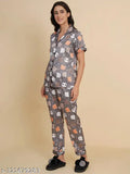 Grey panda print satin night suit for women, half-sleeved shirt pyjamas set with notch collar and elastic waistband, made in India