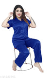 Royal Blue Satin Nightsuit: Women's Half Sleeve Collar Neck Jerry Nightwear