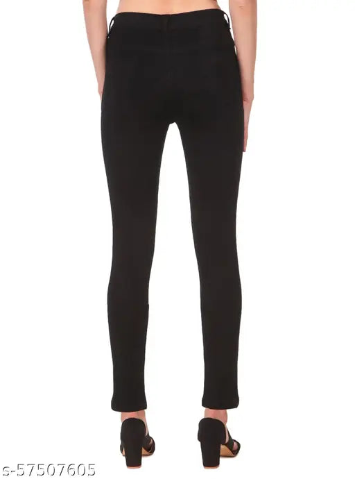 Premium quality black denim jeans for women, printed net detail, knee cut style from Jac Fashion Present. (Available in sizes 28, 30, 32, 34, and 36 inches)