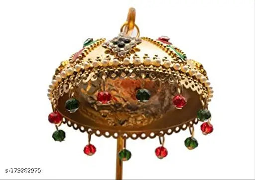 Multicolor, brass umbrella Chhatra with hanging crystals for home temple/puja room or car dashboard, Tej Gifts product