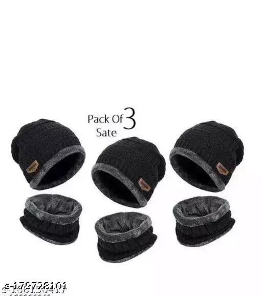 3 black color unisex woolen cap and neck winter protection scarf